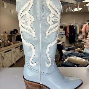 Pierre Dumas Light Blue & White Inlay Western Cowboy Boots for Coastal Girls